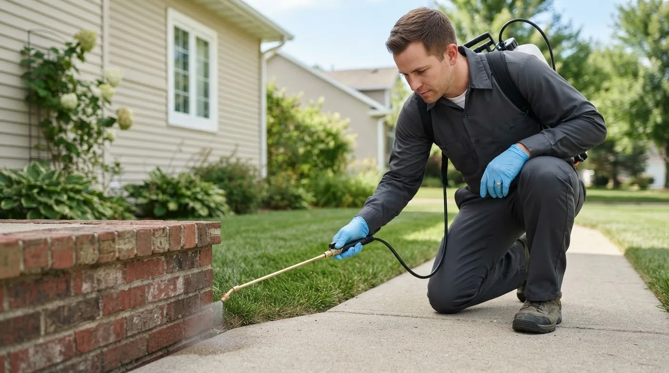 Pest control technician treating a home near Barberton, OH