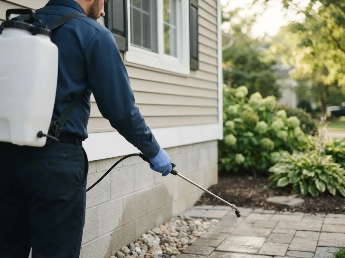Pest control technician inspecting a home in Barberton, OH